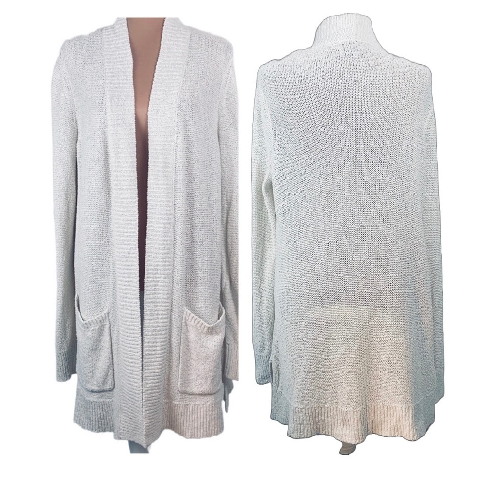 Loft Sweater Jacket Cardigan Sz XL Open Front Off White Textured Knit 33" Long